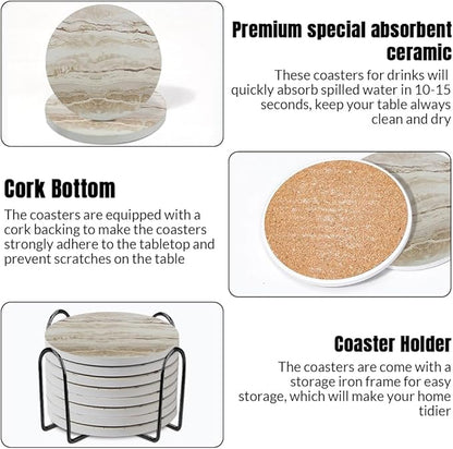 Ceramic Coasters Set of 6, Marble-Textured Design with Holder - Absorbent Cork-Backed Coasters for Cups, Bar & Coffee Table Decor Accessories (Khaki Marble, 8 Pack)