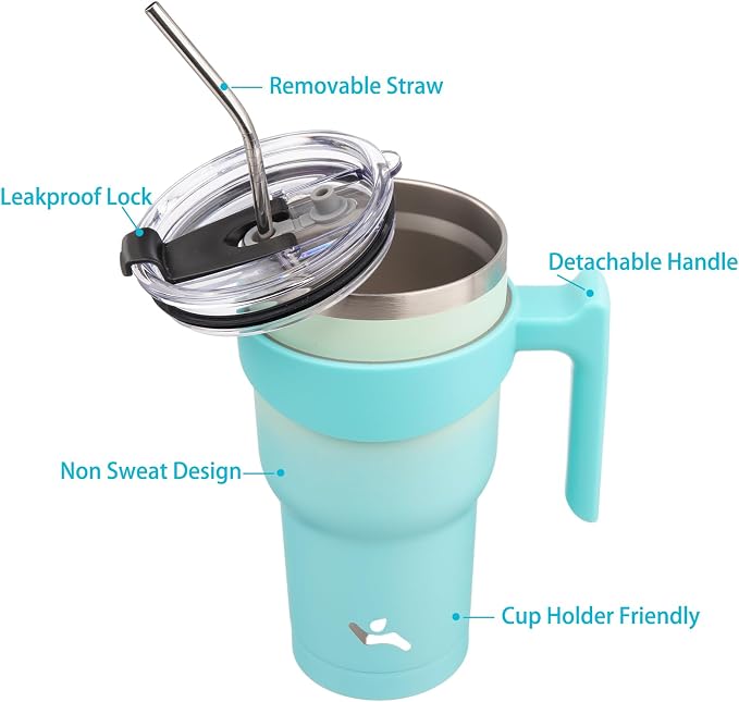 Konokyo 40 oz Tumbler with Handle and Straw, Insulated Travel Mug | Mint; - Image 2