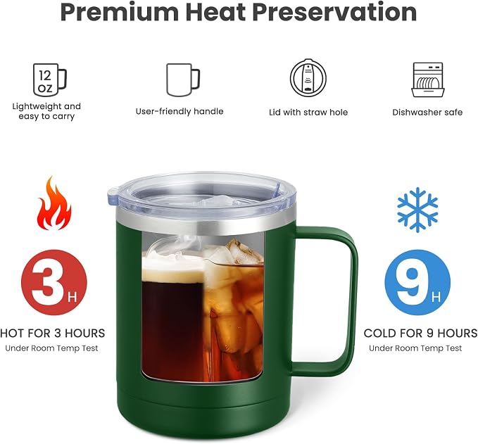 MEWAY 12oz Coffee Mug With Handle and Sliding Lid, Stainless Steel Travel - Image 2