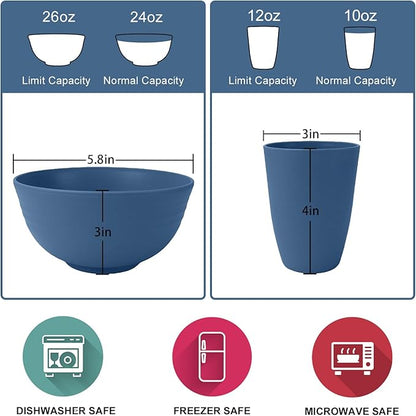 Wrova 40Pack plates and bowls sets for kids - Unbreakable wheat straw dinnerware sets service for 8 - Alternative plastic 40pcs dishes for kitchen, camping and indoors dinning - (Blue)
