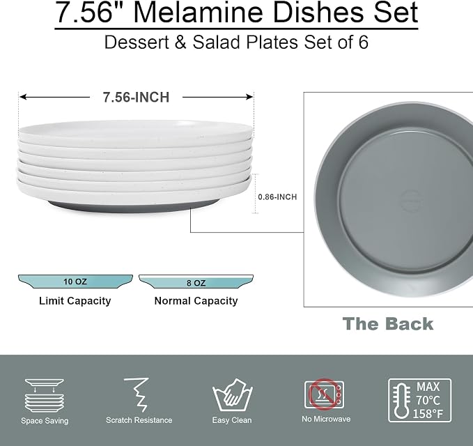 Webbylee Melamine Dessert Plates Set of 6-7.5" Serving Durable Dishes Perfect - Image 2