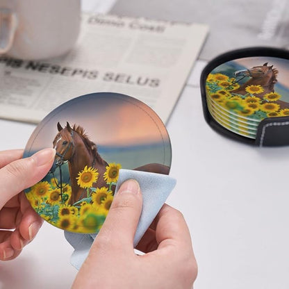 6 Pcs Horse Sunflowers Leather Coasters - Image 6
