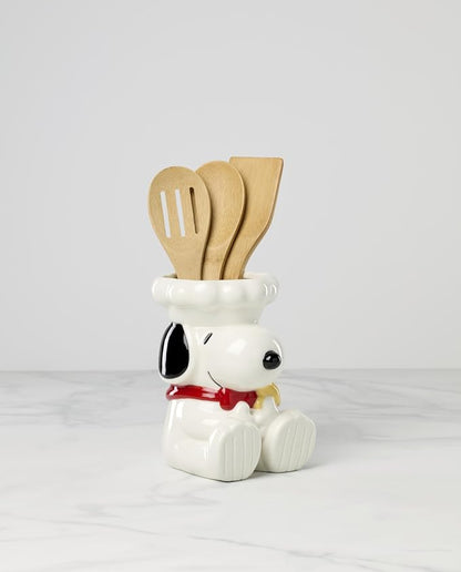 Lenox Chef Snoopy Porcelain Utensil Crock, 4-Piece | Includes 3 wooden utensils - Image 2