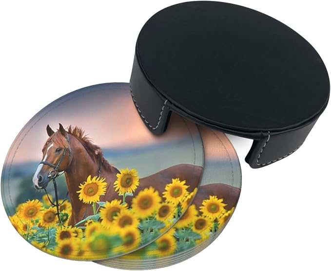 6 Pcs Horse Sunflowers Leather Coasters - Image 4