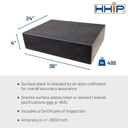HHIP 4401-0014 Black Granite Surface Plate, Grade B, Ledge 0, 36" Length x 24" Width x 4" Height, +/0002" Accuracy, 495 lb. Weight