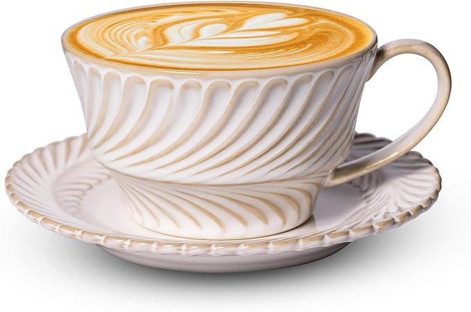 Ceramic Latte Cup with Saucer, 12 OZ Cappuccino Cup Vintage Cafe Art Cups by Unknown