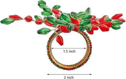 ITOS365 Handcrafted Beaded Napkin Rings Set of 6 – Red & Green Crystal Flower - Image 5