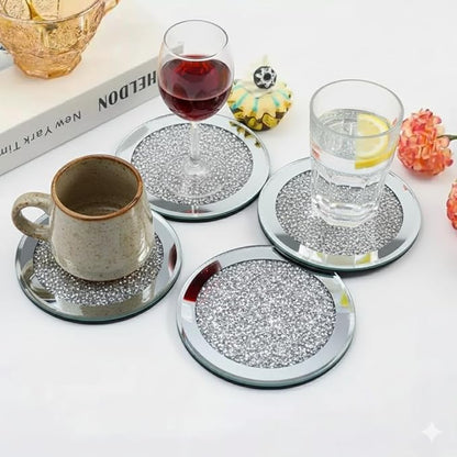 Crushed Diamond Crystal Glass Mirrored Round Coasters Set of 4 Glittering Bling Silver TRENDZY ® Drink Wine Coasters for Home Kitchen Bar & Restaurant Home Decor Birthday Wedding (Round)