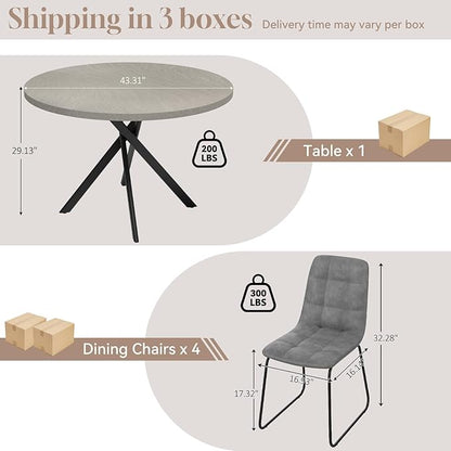44" Round Dining Table with Cozy Chair Set for 4, Modern Mid-Century Dining Table Set of 4, Dinette Sets with Metal Leg for Kitchen Dining Room Apartment(Gray Table + Gray Chairs)