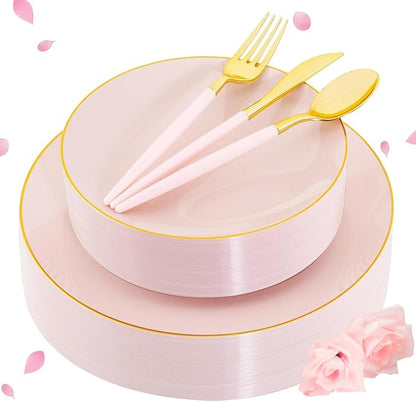 Liacere 150PCS Plastic Plates-Gold Plastic Silverware with Pink Handle - Pink Disposable Plates Include 30 Guests Plates, Forks, Spoons, Knives for Wedding＆Easter Day＆Galentines day＆Valentine's Day