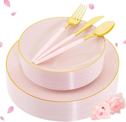Liacere 150PCS Plastic Plates-Gold Plastic Silverware with Pink Handle - Pink Disposable Plates Include 30 Guests Plates, Forks, Spoons, Knives for Wedding＆Easter Day＆Galentines day＆Valentine's Day