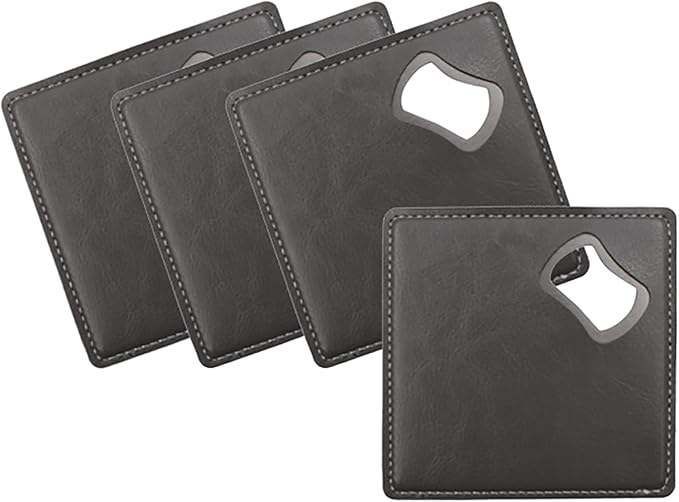 PU Leather Drink Coaster with Bottle Opener Stainless Steel Bartender Beer by CJKDXDH