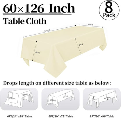 8 Pack Beige Tablecloth 60 x 126 Inch Rectangular Table Cloth for 6 Foot Rectangle Tables, Wrinkle Resistant Washable Polyester Fabric Table Covers for Wedding Party Banquet Buffet and Camping