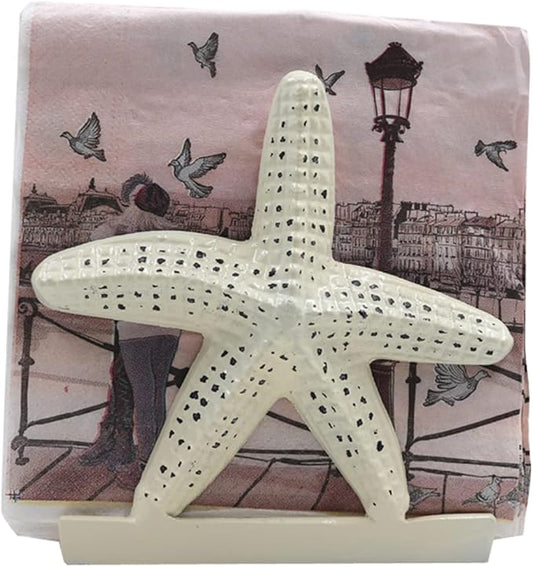Nautical Starfish Lunch Dinner Metal Napkin Holder Kitchen Beverage Cocktail Ocean Coastal Napkin Holder By The Metal Magician (Distressed Off-White)