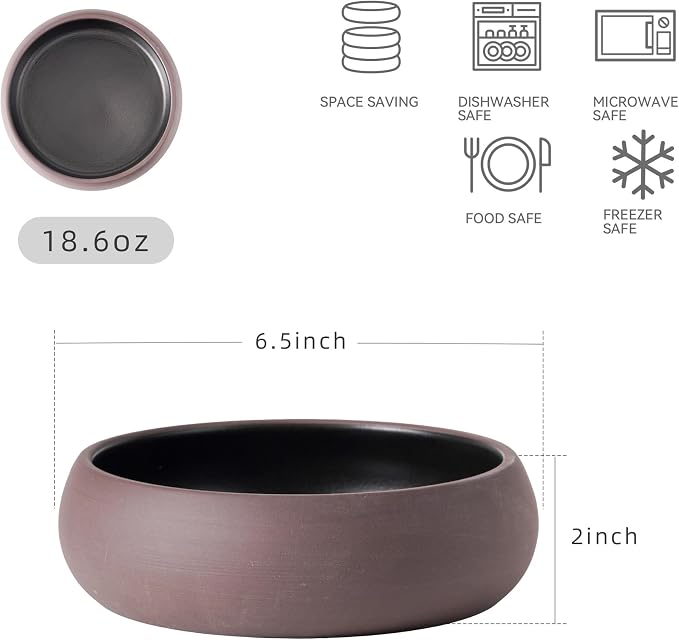 Uaral Ceramic Salad Bowls Set, 18 Ounce Black Shallow Bowl Set - Image 5
