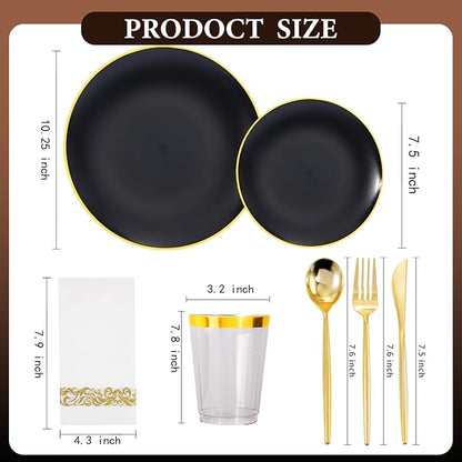 EI 350Pcs Black and Gold Matte Frosted Plastic Plates Disposable Heavy Duty,Dinnerware Set for Party Include 100 Disposable Plates,150 Silverware,50 Napkins,50 Cups for Party/Wedding/Events,Hotel