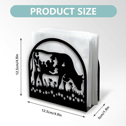 Cow Eating Grass Decorative Black Metal Napkin Holder for Table, 4.9" x 4.9" x 1.9" Standing Napkin Holder for Home Kitchen Restaurant Picnic Party Coffee Bar Dining Room