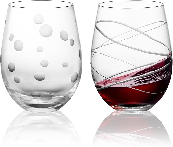Joeyan Hand Blown Etched Stemless Wine Glasses by JoeyanHousehold