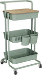 DTK 3 Tier Rolling Utility Cart with Cover Top Board, Movable Kitchen Storage Cart Trolley with Lockable Wheels, Cups, Hooks for Kitchen Bathroom Home Office Art Craft Storage(Turquoise/Green)