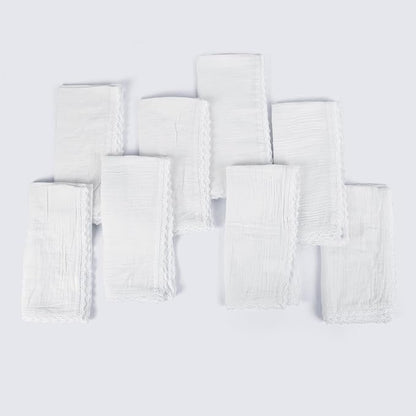 Fingercraft Dinner Cloth Napkin Cotton Muslin Double Gauze 8 Pack with Classic Lace for Everyday Use, Wedding, Party, Christmas, Easter Napkins Cloth are Pre Shrunk and Good Absorbency White