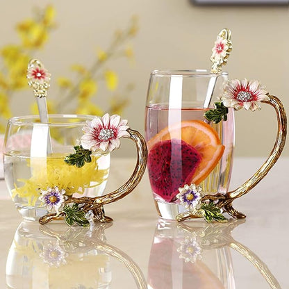 Enamel Sunflower Crystal Lead-Free Glass Tea Cup - Image 2