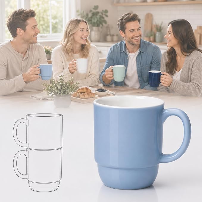 Stackable Porcelain Coffee Mug Set of 4 – 16oz Large Handle, Space-Saving by Unknown