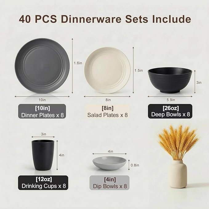 40 Piece Plates and Bowls Sets for 8, Unbreakable Wheat Straw Dinnerware Sets - Image 2