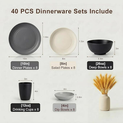 40 Piece Plates and Bowls Sets for 8, Unbreakable Wheat Straw Dinnerware Sets - Image 2