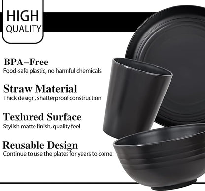 LIYH 28 Pcs Black Wheat Straw Dinnerware Sets - Plates and Bowls Sets, Unbreakable Dinnerware Set Reusable Plates, Bowls, Cups & Cutlery - Lightweight, Dish Set for Kitchen & Camping