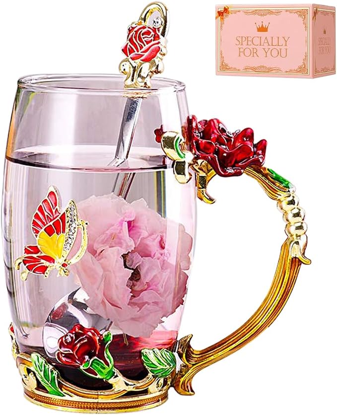 Birthday Gifts For Women, Enamel Butterfly Flower Glass Tea Cup Rose Red Coffee by DasyFly