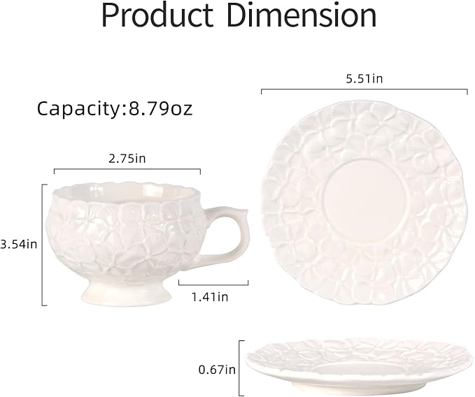 KAMMAK Tea Cups and Saucers Set of 2, 8.5 oz Porcelain Coffee Cups, 560N | - Image 6