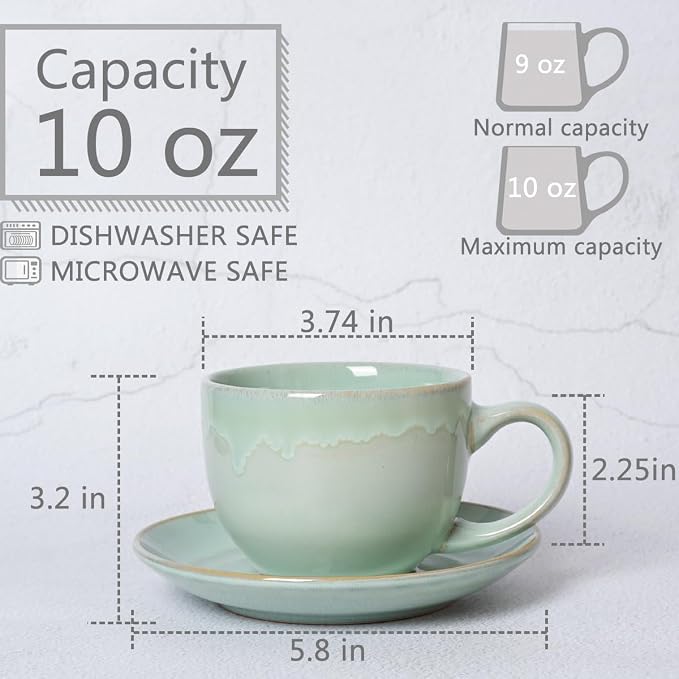 Bosmarlin Ceramic Cappuccino Cup and Saucer Set of 2, 10 Oz, Coffee Cups - Image 2