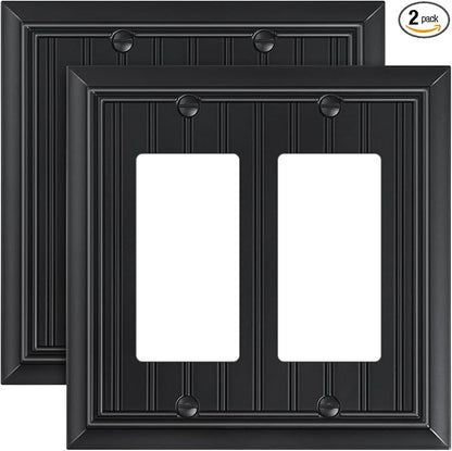 2-Pack Classic Beadboard Decorative Double Decorator Outlet Cover Plate, Matte Black Durable Natural Bamboo Fiber Wall Plates for Electrical Outlets, Receptacle, GFCI Outlet, Dimmer Switch, 2-Gang