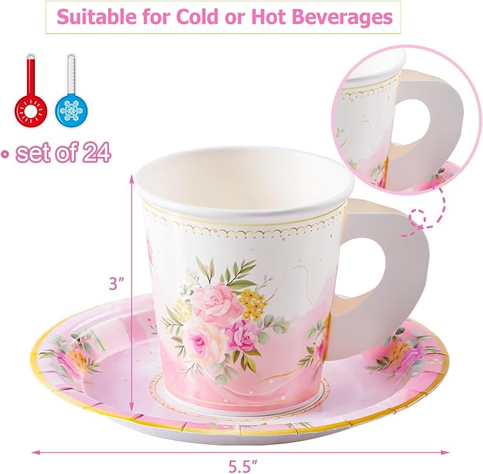 HOMIX 24 Paper Tea Cups and Plates, 7 OZ Disposable Teacups and Saucer Sets | - Image 2