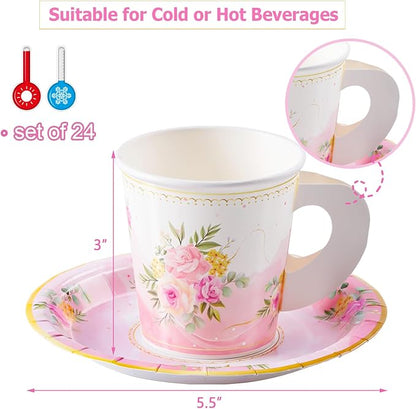 HOMIX 24 Paper Tea Cups and Plates, 7 OZ Disposable Teacups and Saucer Sets | - Image 2