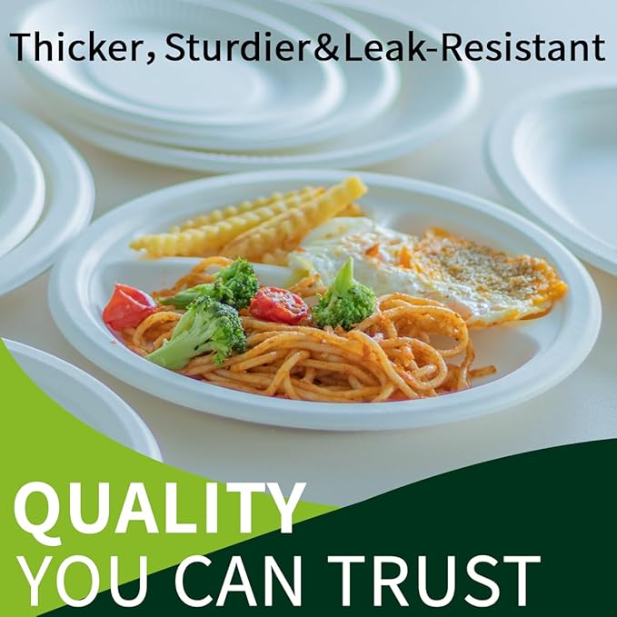 9 Inch 3 Compartment Paper Plates 【White 150 Pack】, Compostable Divided Plates, 100% Sugarcane Bagasse, Heavy Duty Disposable Plates for Lunch, Salad, BBQ, Picnic