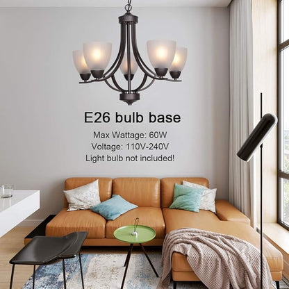 VINLUZ 5 Light Shaded Contemporary Chandeliers with Alabaster Glass Oil Rubbed Bronze Modern Light Fixtures Ceiling Hanging Rustic Pendant Lighting for Dining Room Foyer Bedroom Living Room