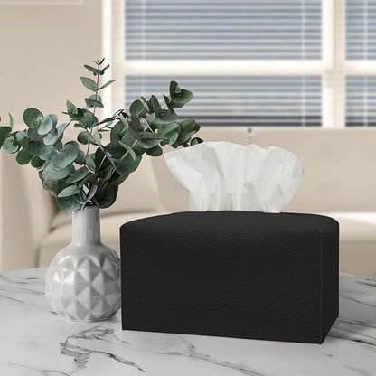 Carrotez Tissue Box Cover, [Refined] Modern PU Leather Rectangular Tissue Box Holder - Decorative Holder/Organizer for Bathroom Vanity Countertop, Night Stands, Office Desk 9.5"X5"X5" - Black