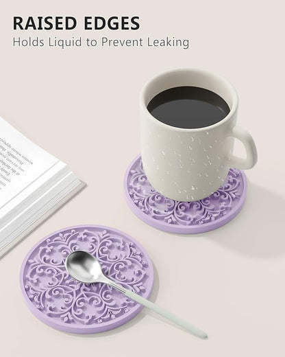 Drink Coasters, Coasters Set of 6 for Cup with Holder, Non-Slip Silicone Cup Mats for Hot and Cold Drinks, Cute Absorbent Coffee Bar Accessories Table Decor, Purple