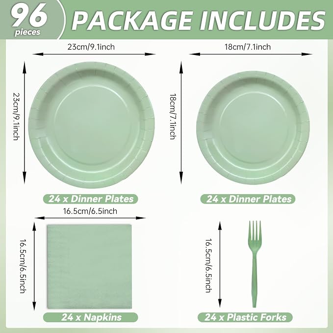 96 Pieces Sage Green Tableware Party Supplies - Image 2