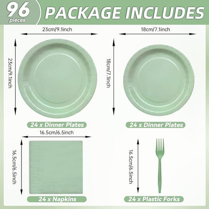 96 Pieces Sage Green Tableware Party Supplies - Image 2