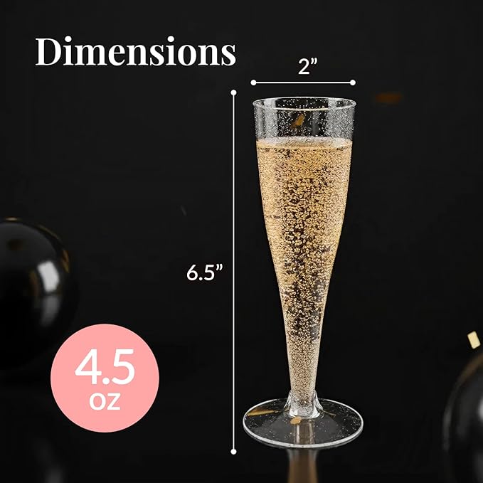 Prestee 24 Champagne Flutes Plastic - Disposable Flute - Silver Glitter Plastic Glasses for Parties - Mimosa Bar, Wedding, Shower Party, New Years Eve Party Supplies 2025 (Silver)