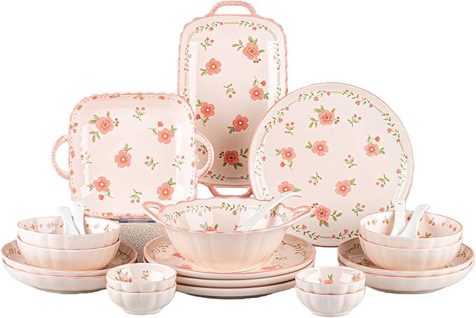 Ceramic Dinnerware Set, Floral Plates and Bowls Sets, Microwave & Dishwasher by FANGJING