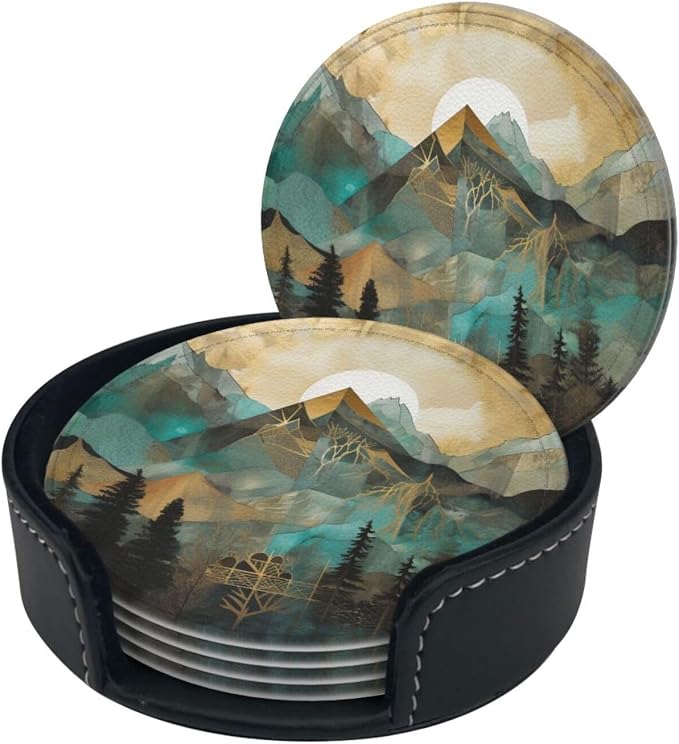 Mountains Trees Landscape Sunrise Leather Coasters Set of 6 - Image 6