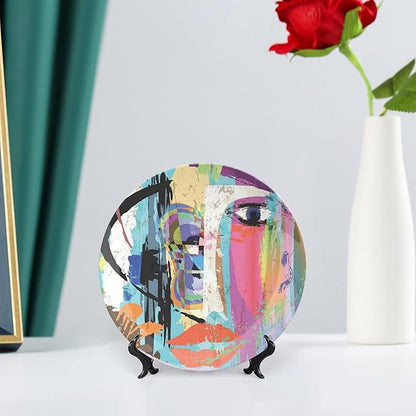 Decorative Plates, Abstract Print Ornament, Woman Face Art Paint Strokes and Splashes Eye Red Lips Grungy, 8 Inch, Kitchen Wall Decor, Multicolor
