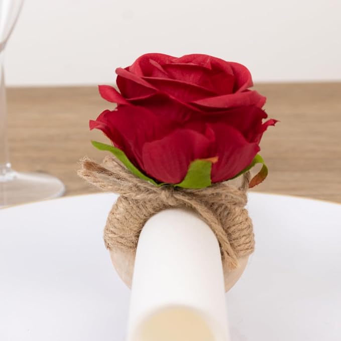 Efavormart 4 Pack Red Silk Rose Flower Wooden Napkin Rings, Rustic Boho Chic - Image 7