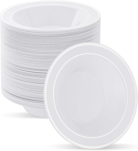 100pc Deep Bowl With White Background And Double Silver Edges, 12oz,Disposable Soup Bowls,Disposable Soup Dessert Salad Bowls for Wedding/Party/Catered Events