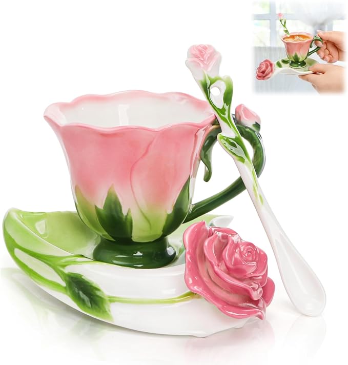 Cididu Pink Tea Cups with Saucer and Spoon, 4.5 Oz Small Ceramic Rose Flower by Cididu