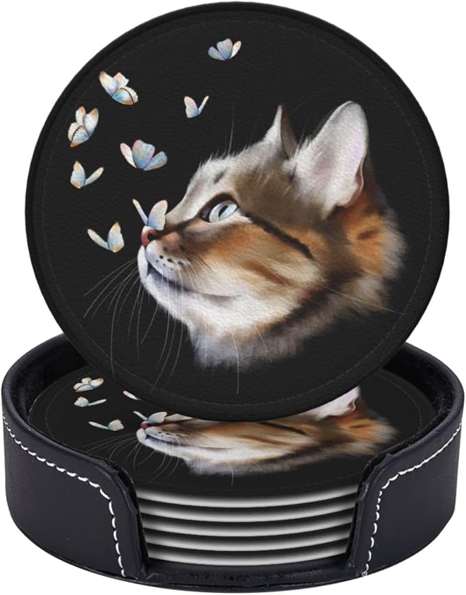 6 Pcs Portrait Cat with Butterflies Leather Coasters - Image 2