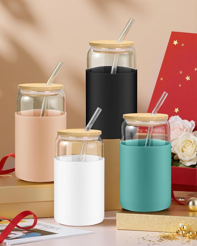 sungwoo Glass Cups with Lids and Straws, 4 Pack 16OZ Iced Coffee Cups with - Image 8